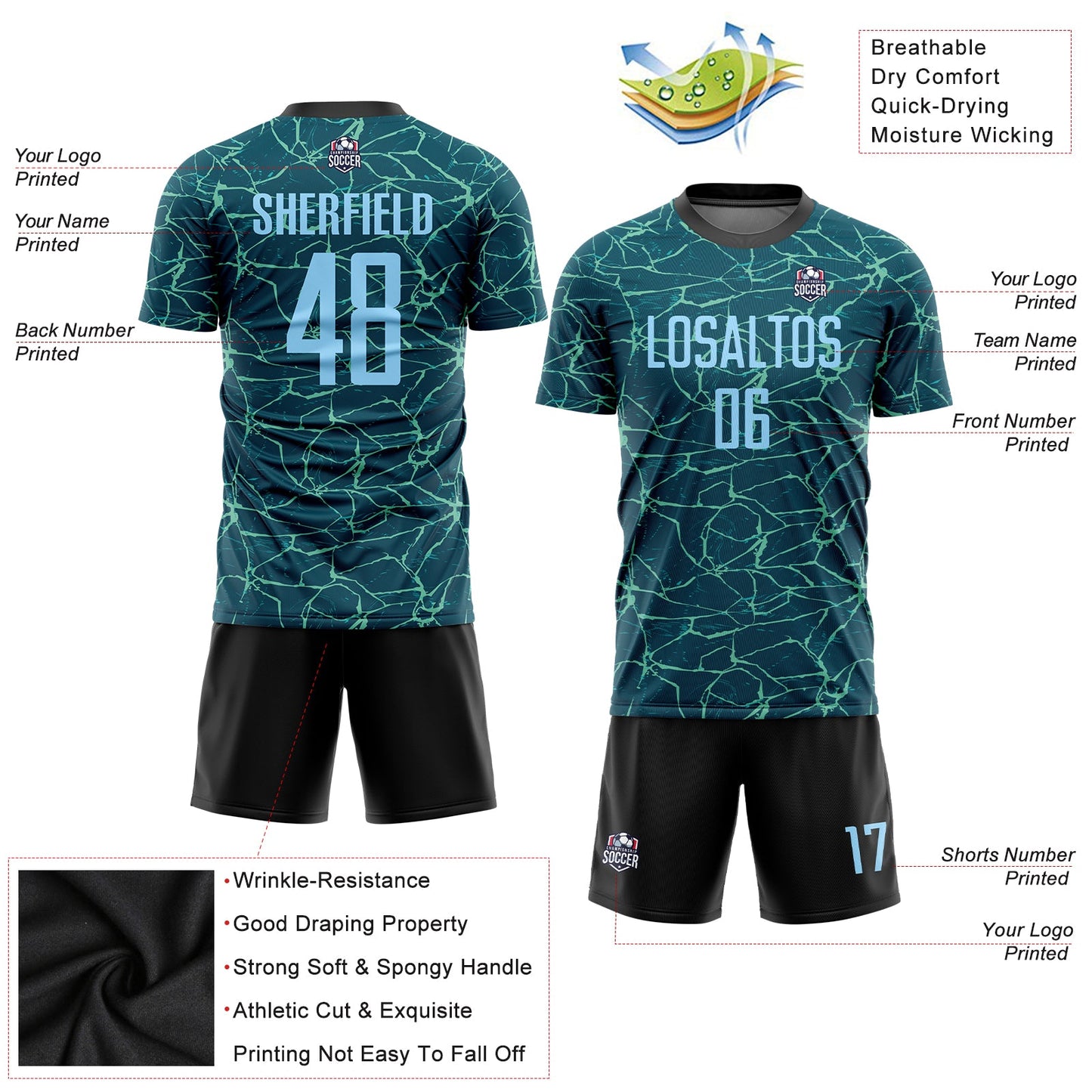 Custom Teal Light Blue-Black Sublimation Soccer Uniform Jersey - Sky-Custom