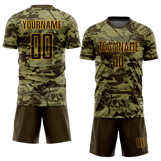 Custom Camo Brown-Gold Sublimation Salute To Service Soccer Uniform Jersey - Sky-Custom