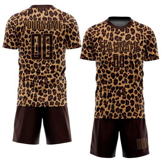 Custom Brown Brown-Old Gold Sublimation Leopard Soccer Uniform Jersey - Sky-Custom