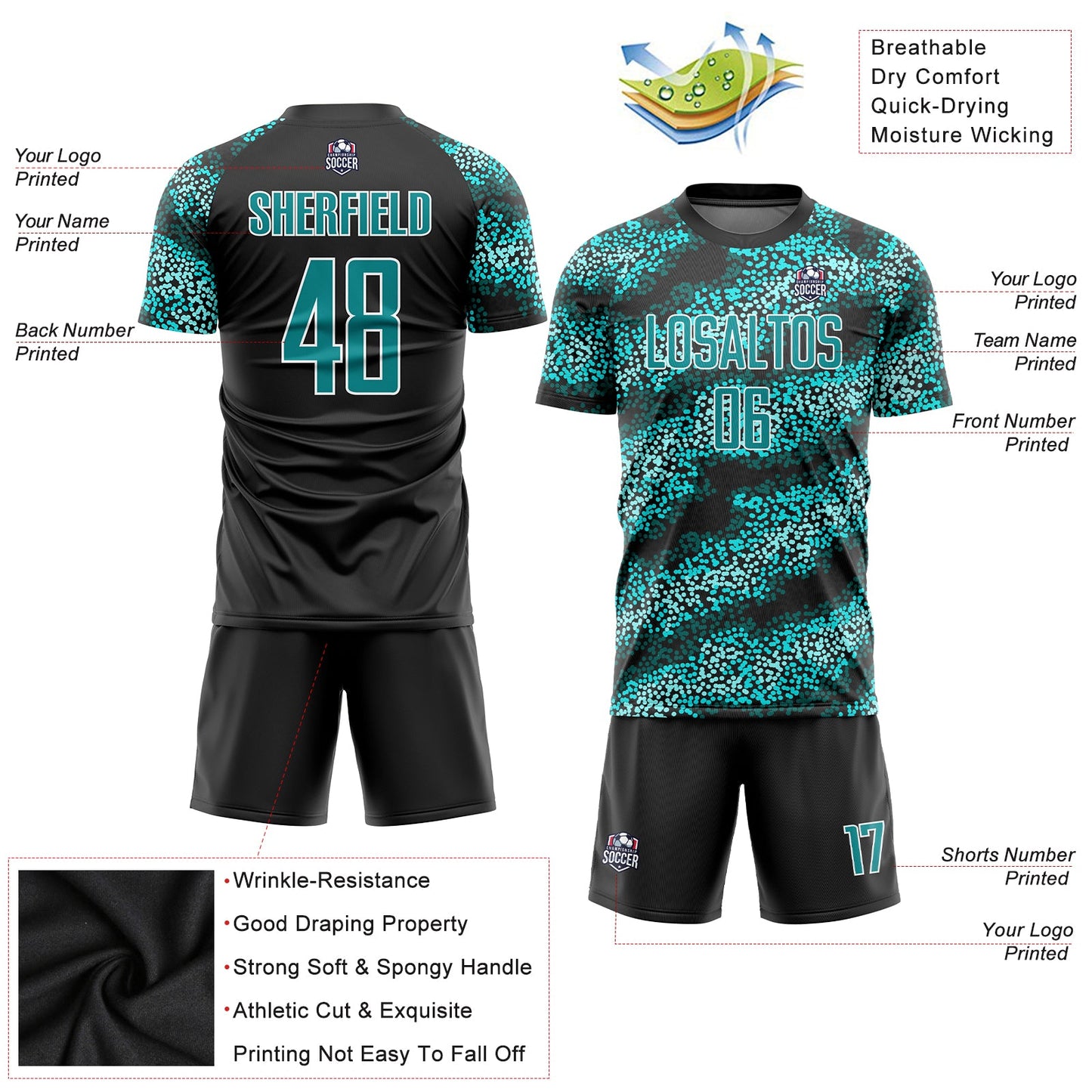 Custom Teal Teal-Black Sublimation Soccer Uniform Jersey - Sky-Custom