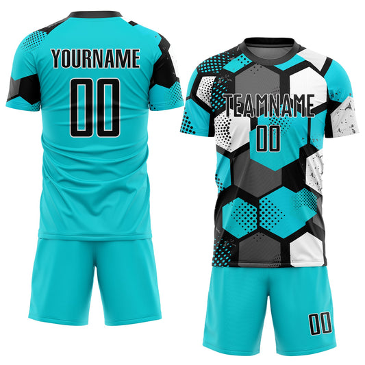 Custom Aqua Black-White Sublimation Soccer Uniform Jersey - Sky-Custom