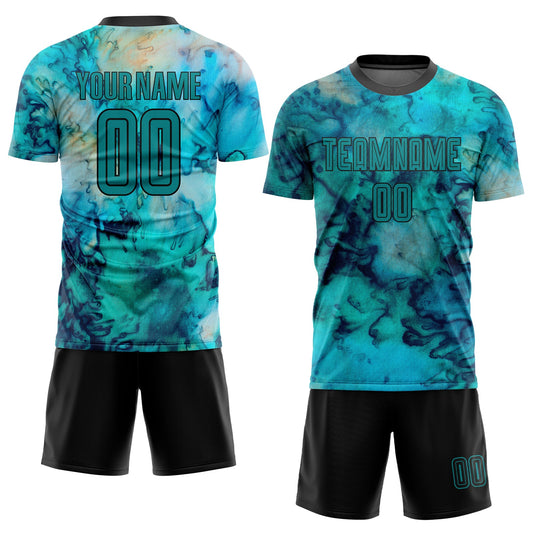 Custom Tie Dye Teal-Black Sublimation Soccer Uniform Jersey - Sky-Custom