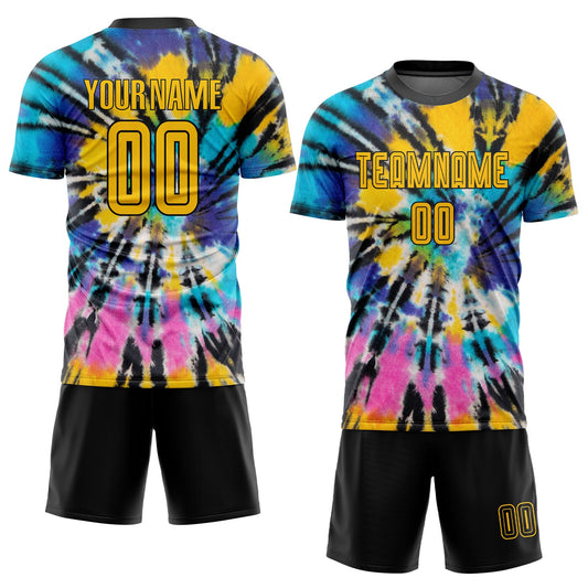 Custom Tie Dye Gold-Black Sublimation Soccer Uniform Jersey - Sky-Custom