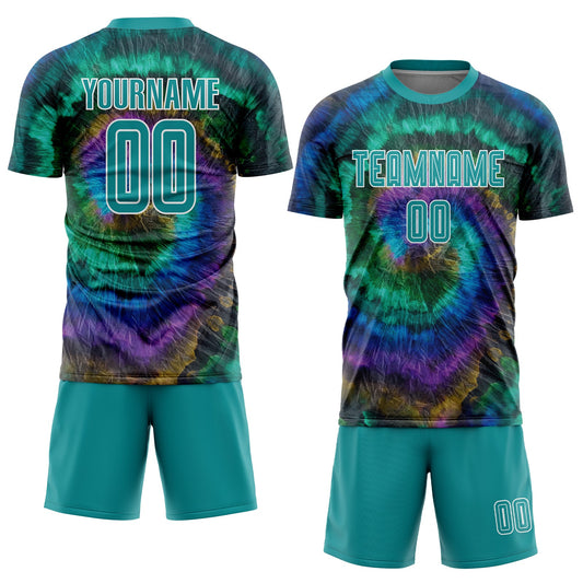 Custom Tie Dye Teal-White Sublimation Soccer Uniform Jersey - Sky-Custom