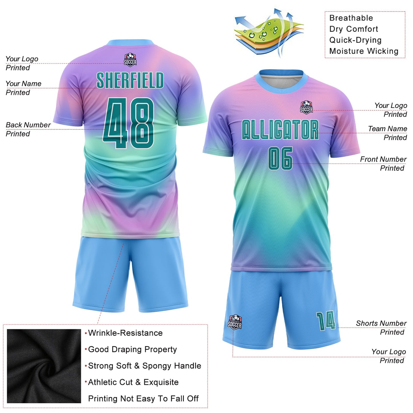 Custom Tie Dye Teal-White Sublimation Soccer Uniform Jersey - Sky-Custom