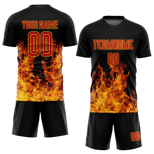 Custom Black Red-Gold Flame Sublimation Soccer Uniform Jersey - Sky-Custom