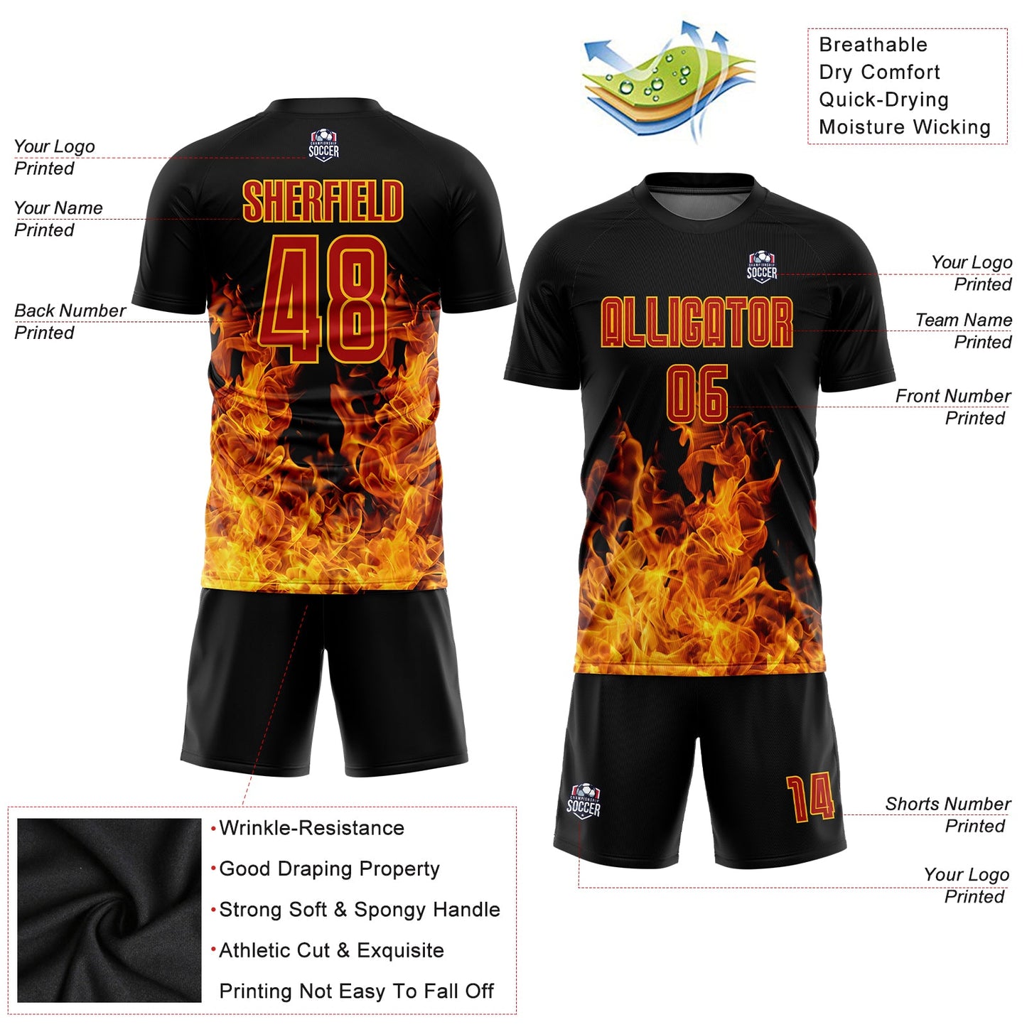 Custom Black Red-Gold Flame Sublimation Soccer Uniform Jersey - Sky-Custom
