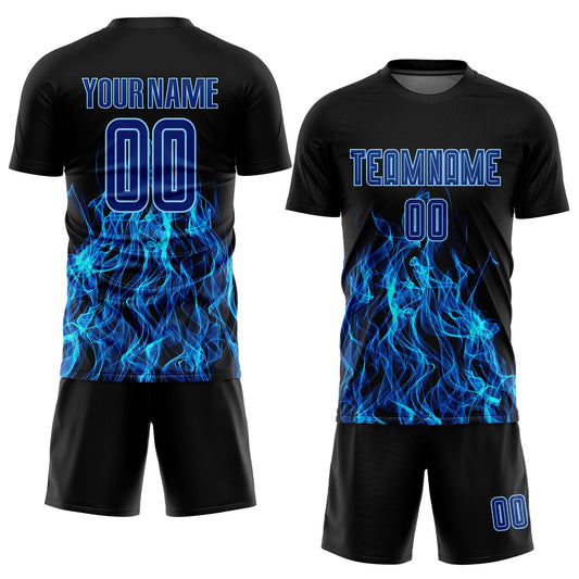 Custom Black Royal-Light Blue Flame Sublimation Soccer Uniform Jersey - Sky-Custom