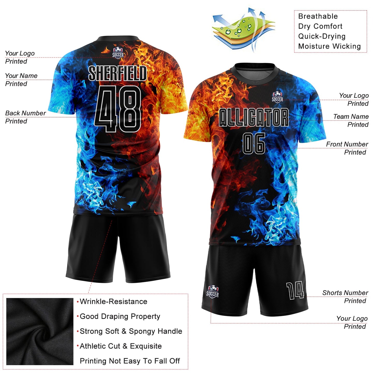 Custom Figure Black-White Flame Sublimation Soccer Uniform Jersey - Sky-Custom