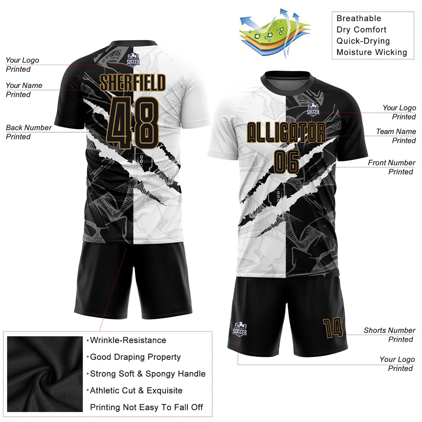 Custom Graffiti Pattern Black-Old Gold Scratch Sublimation Soccer Uniform Jersey - Sky-Custom