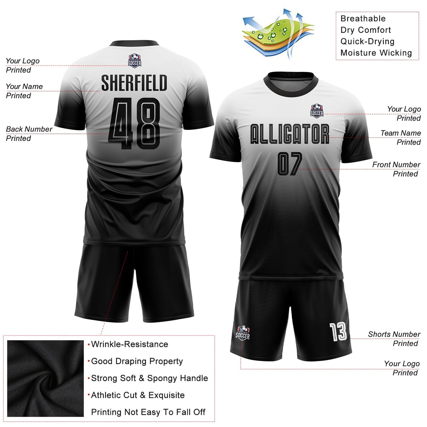 Custom White Black Sublimation Fade Fashion Soccer Uniform Jersey - Sky-Custom
