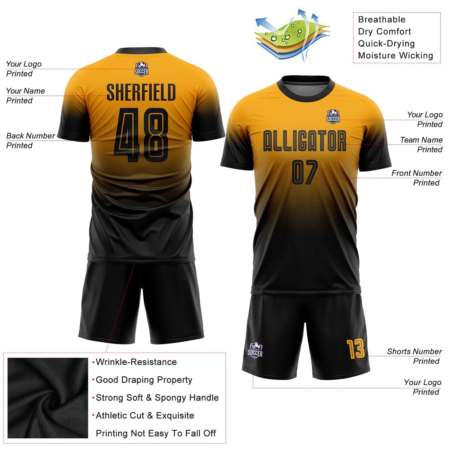 Custom Gold Black Sublimation Fade Fashion Soccer Uniform Jersey - Sky-Custom