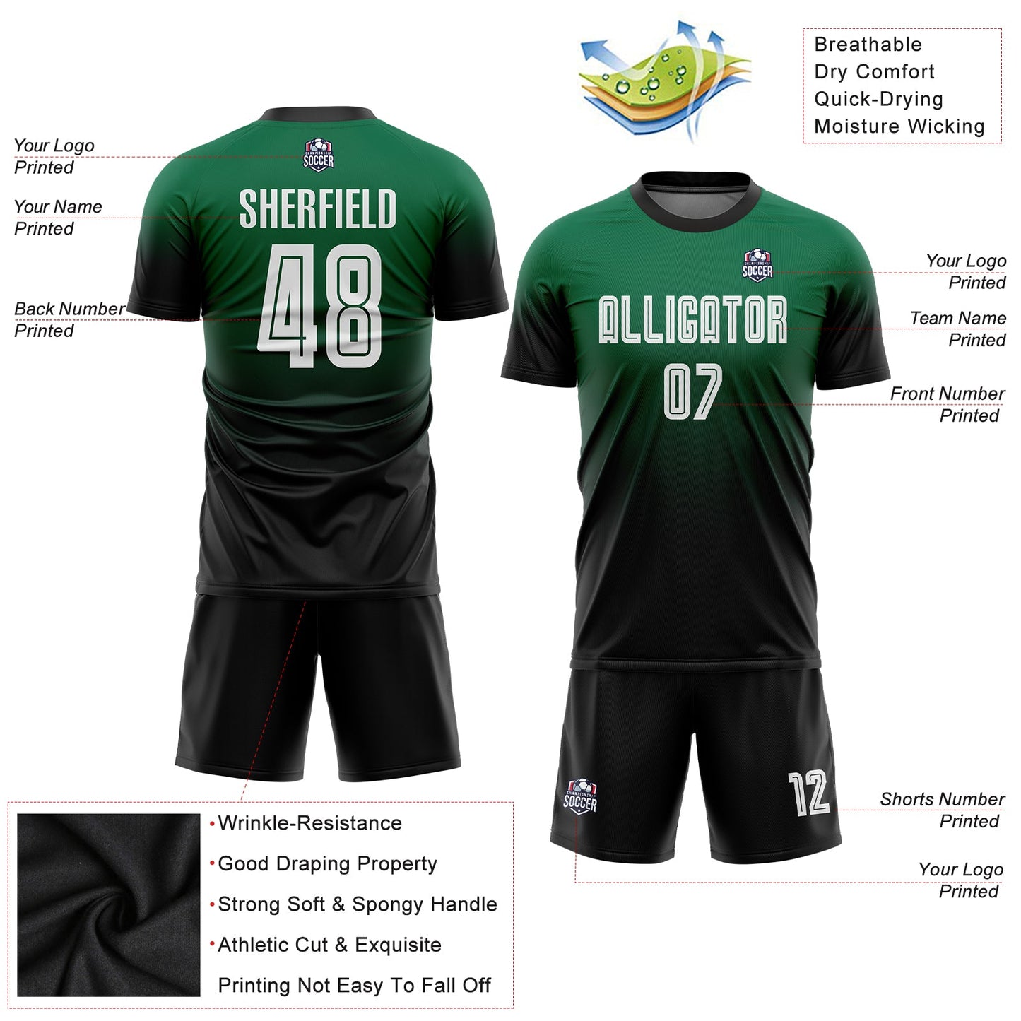 Custom Kelly Green White-Black Sublimation Fade Fashion Soccer Uniform Jersey - Sky-Custom