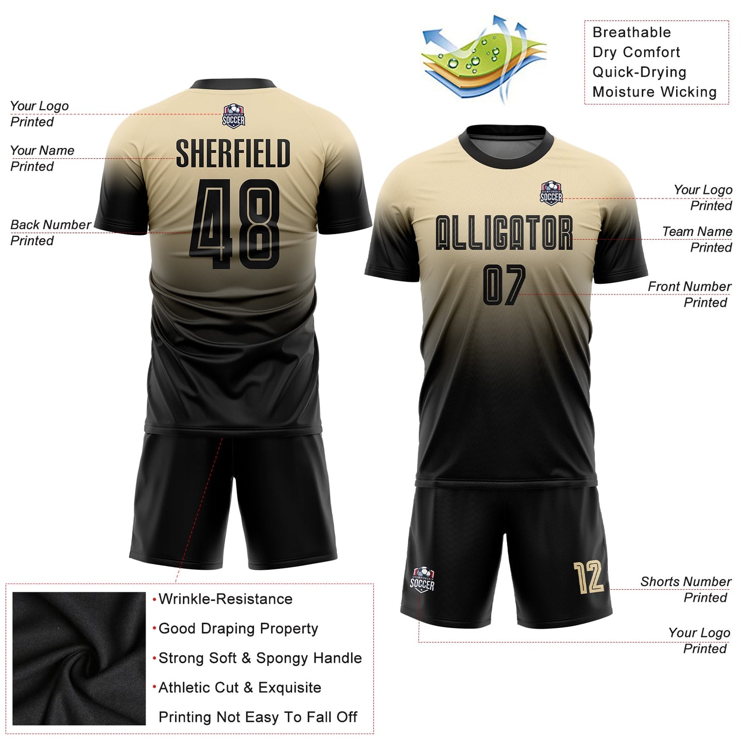 Custom Cream Black Sublimation Fade Fashion Soccer Uniform Jersey - Sky-Custom