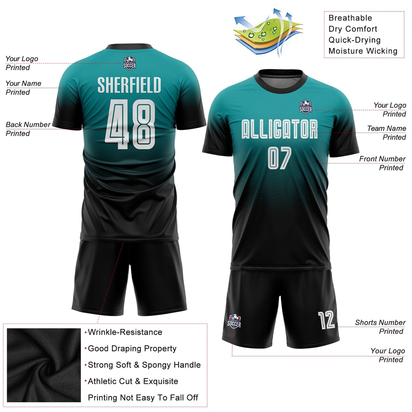 Custom Teal White-Black Sublimation Fade Fashion Soccer Uniform Jersey - Sky-Custom