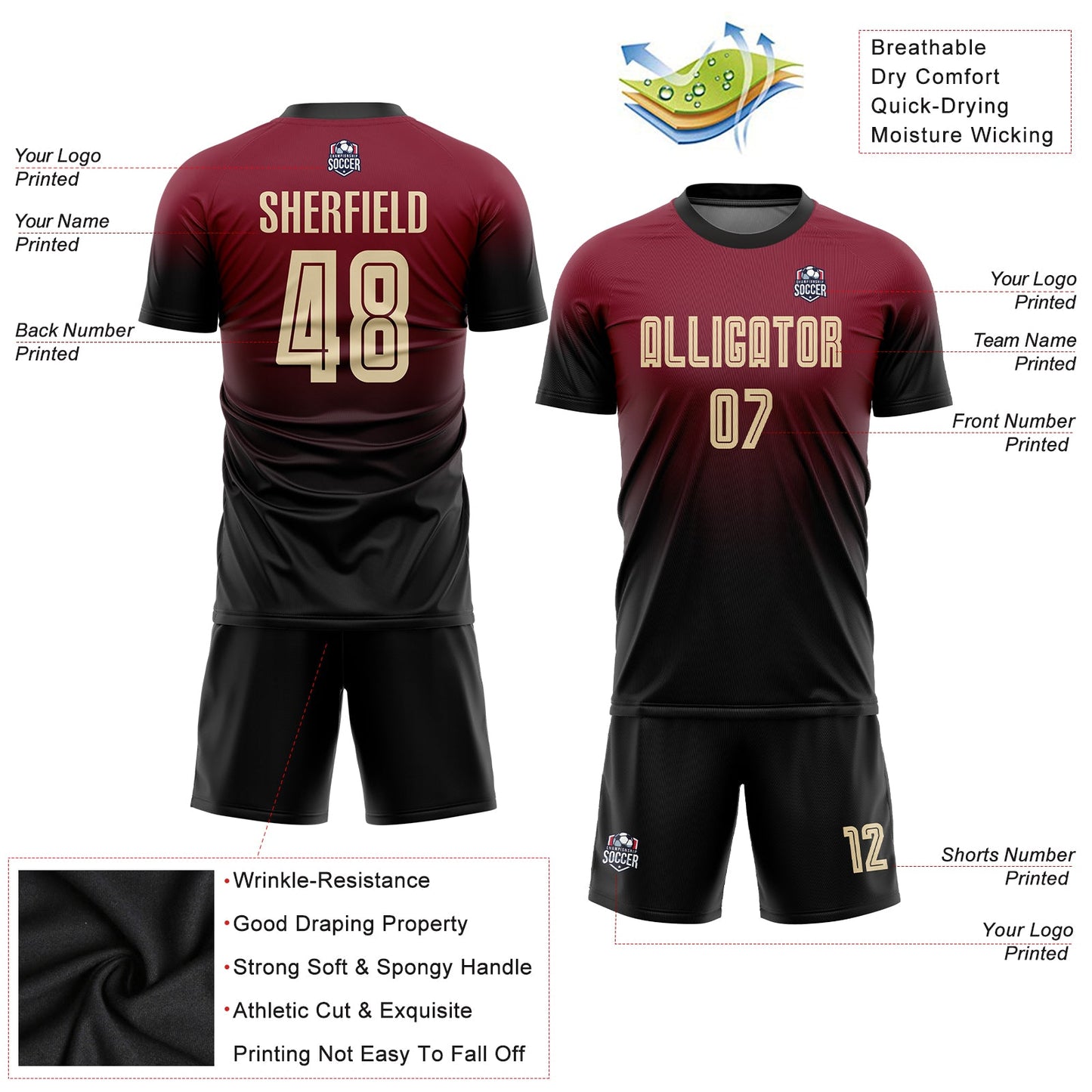 Custom Crimson Cream-Black Sublimation Fade Fashion Soccer Uniform Jersey - Sky-Custom