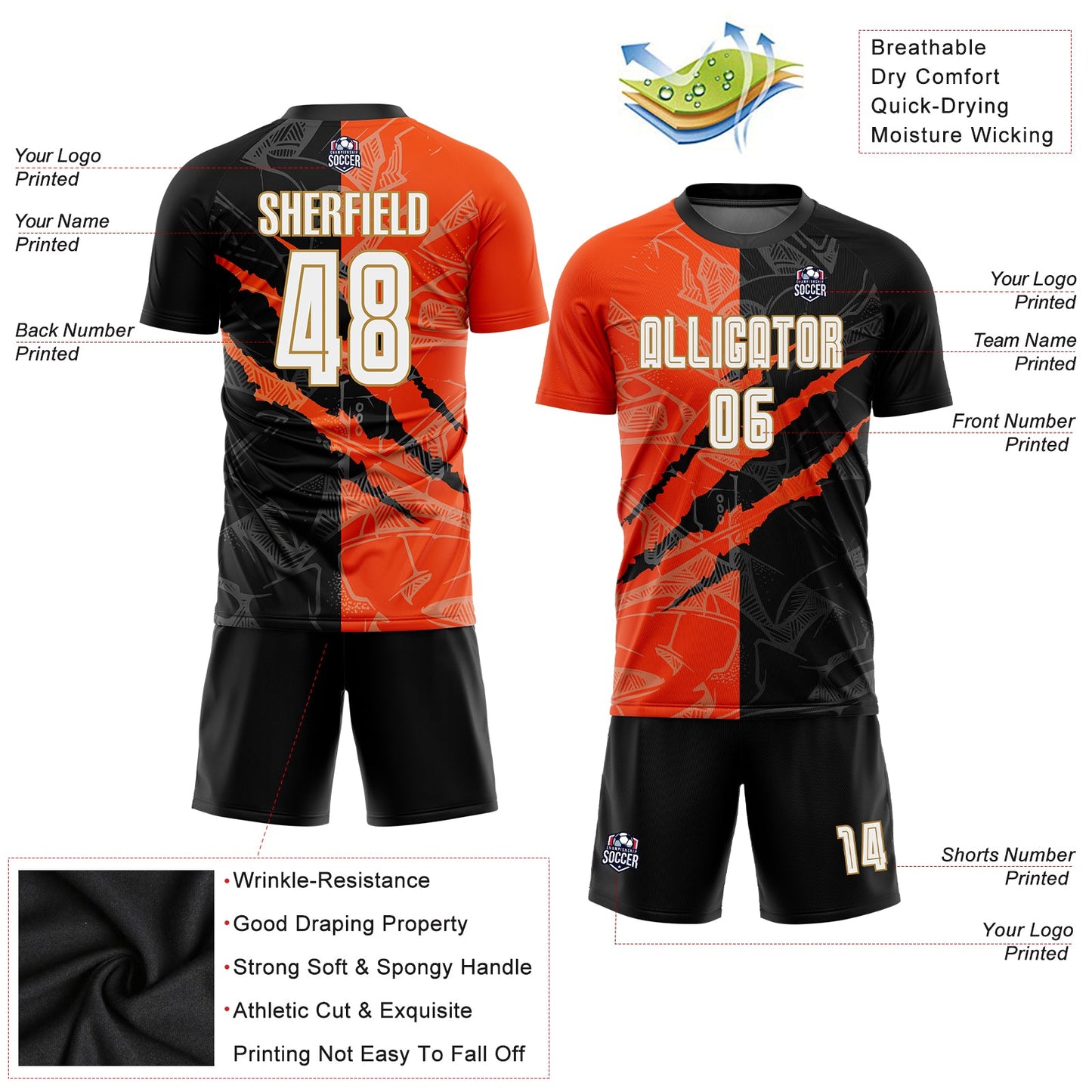 Custom Graffiti Pattern White Black Orange-Old Gold Scratch Sublimation Soccer Uniform Jersey - Sky-Custom