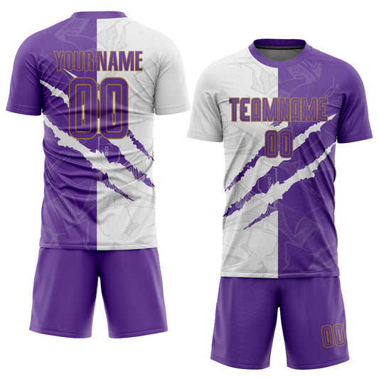 Custom Graffiti Pattern Purple White-Old Gold Scratch Sublimation Soccer Uniform Jersey - Sky-Custom