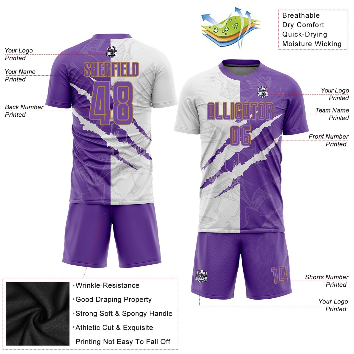 Custom Graffiti Pattern Purple White-Old Gold Scratch Sublimation Soccer Uniform Jersey - Sky-Custom