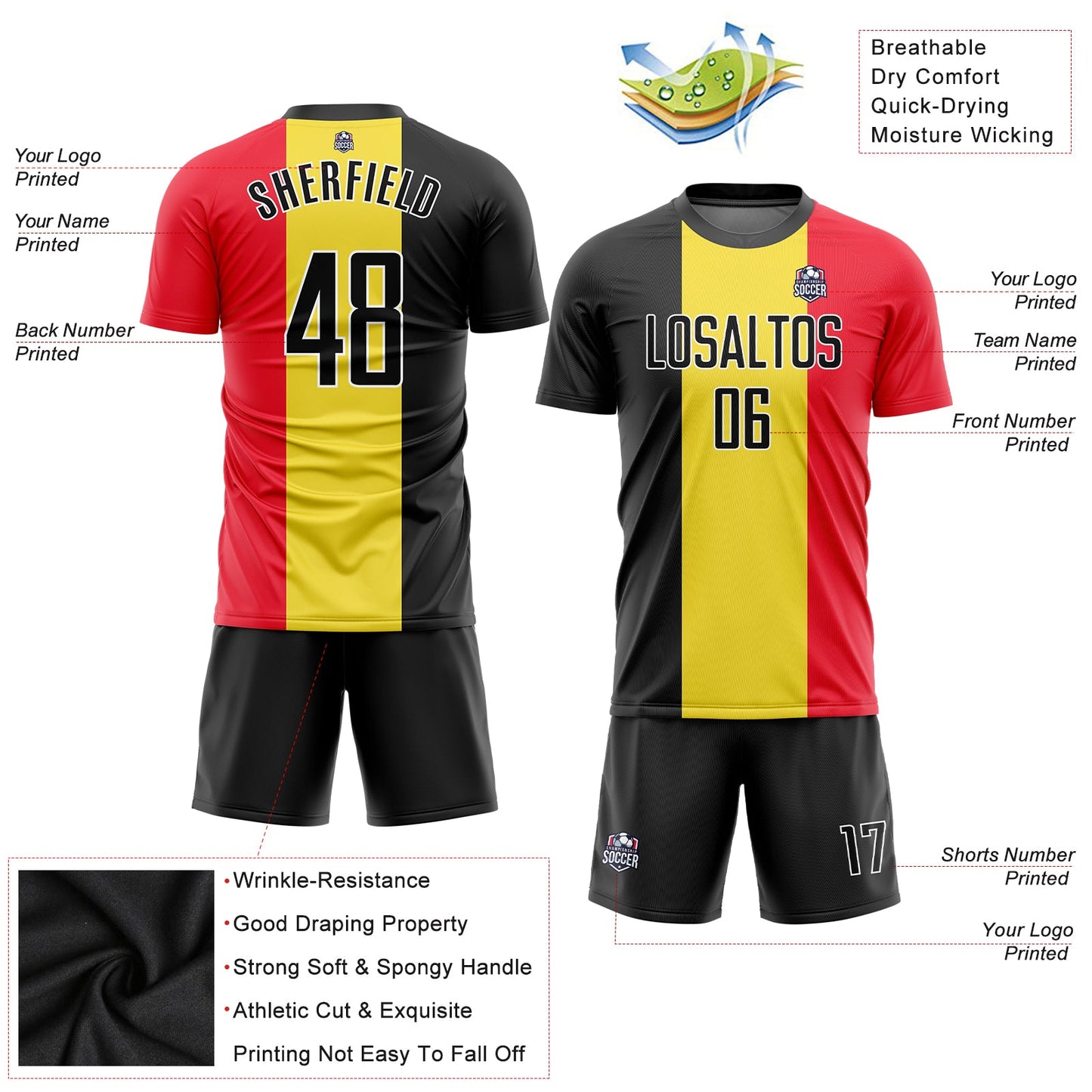Custom Gold Black Red-White Sublimation Belgian Flag Soccer Uniform Jersey - Sky-Custom