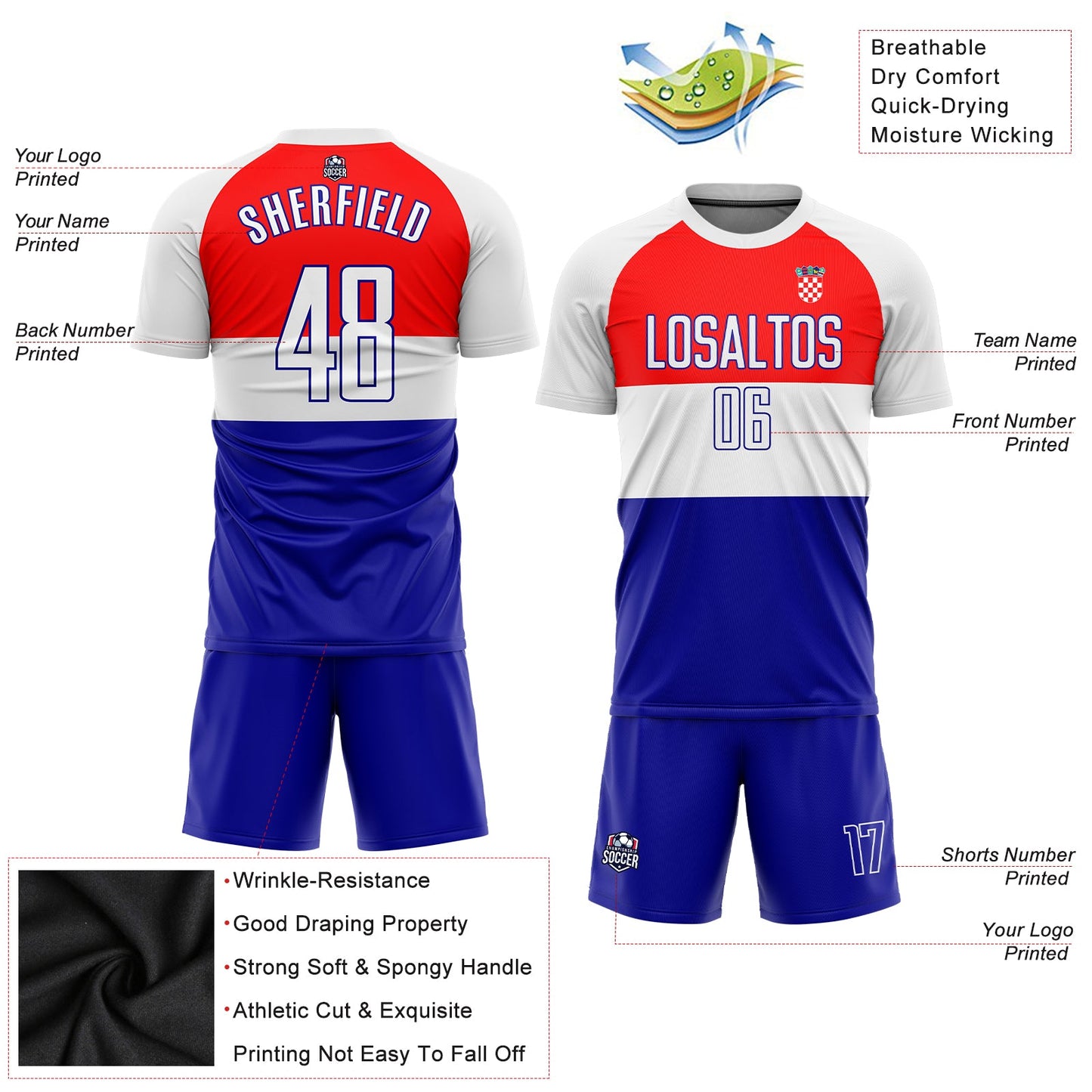 Custom Red White-Royal Sublimation Croatian Flag Soccer Uniform Jersey - Sky-Custom