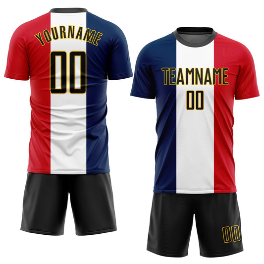 Custom Navy Black White Red-Gold Sublimation French Flag Soccer Uniform Jersey - Sky-Custom