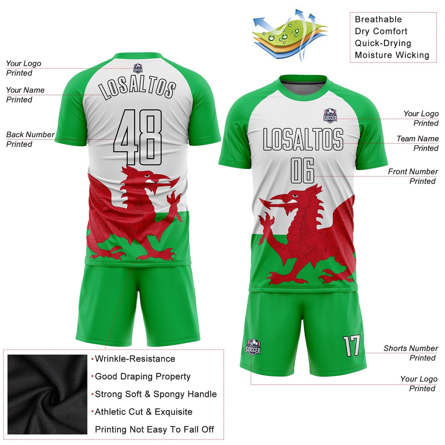 Custom Green White Red-Black Sublimation Welsh Flag Soccer Uniform Jersey - Sky-Custom