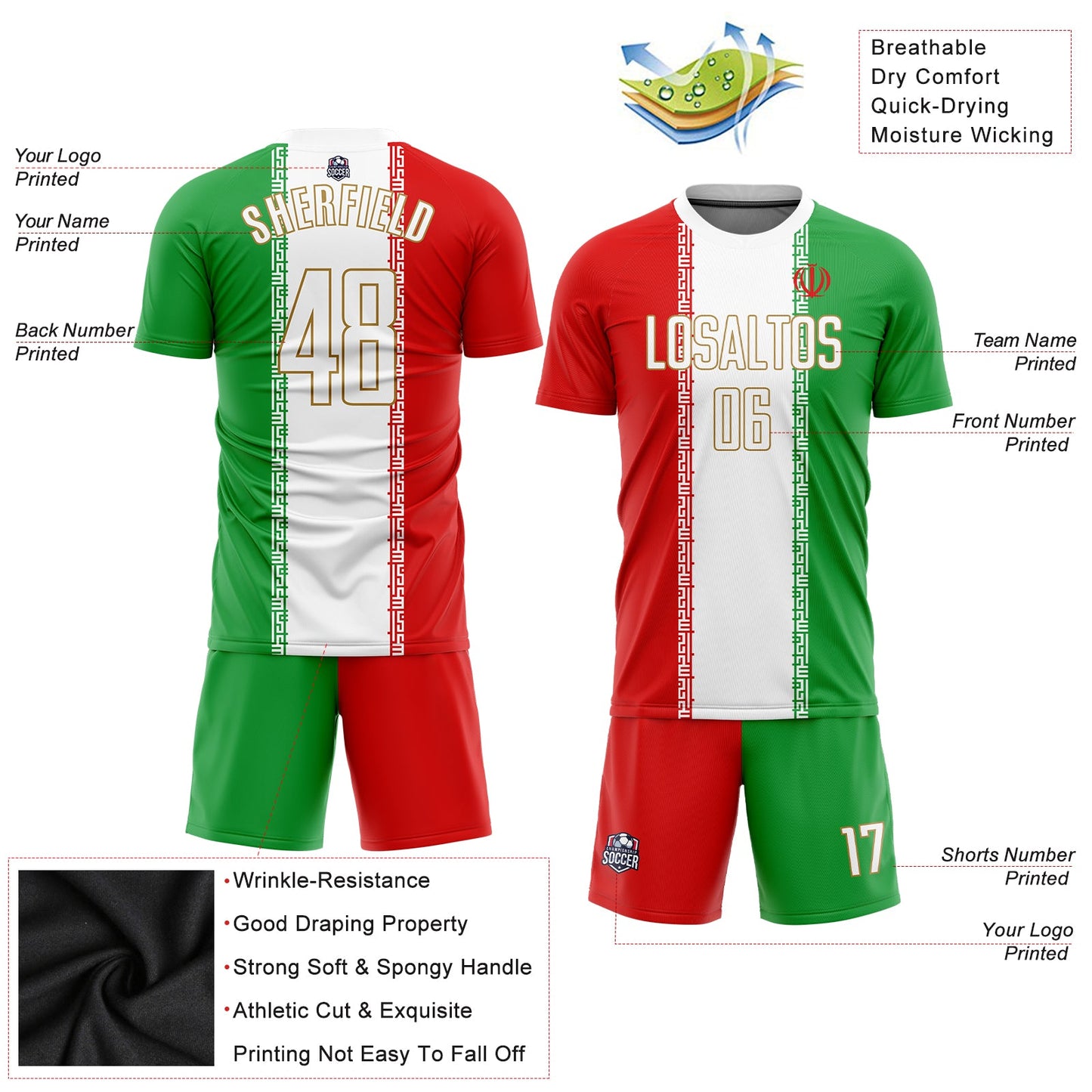 Custom Red White Kelly Green-Old Gold Sublimation Iranian Flag Soccer Uniform Jersey - Sky-Custom