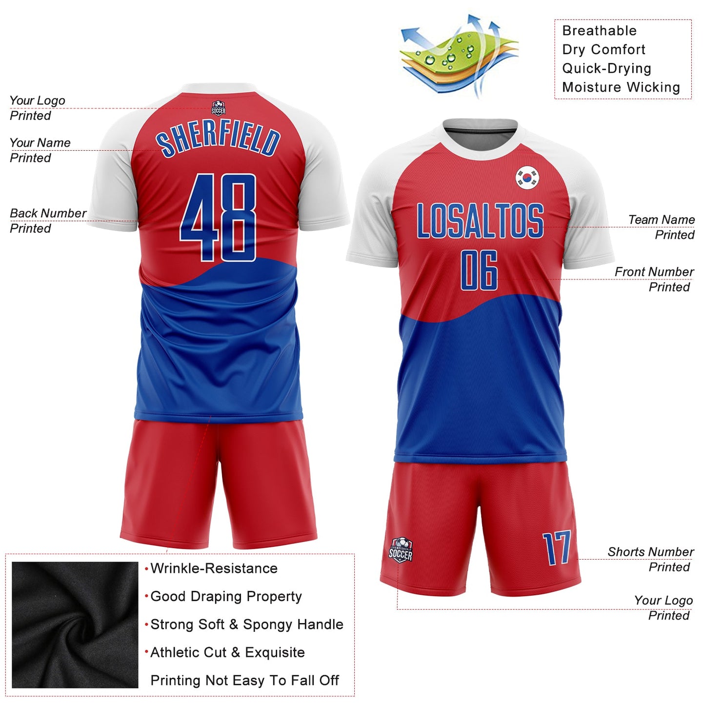 Custom Red Royal-White Sublimation South Korean Flag Soccer Uniform Jersey - Sky-Custom