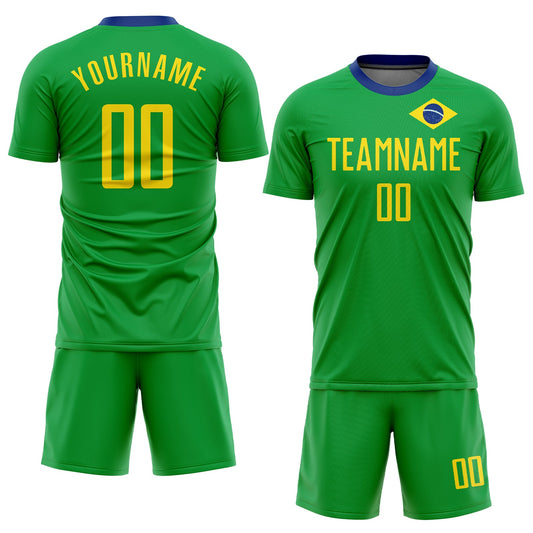 Custom Neon Green Gold-Royal Sublimation Brazilian Flag Soccer Uniform Jersey - Sky-Custom