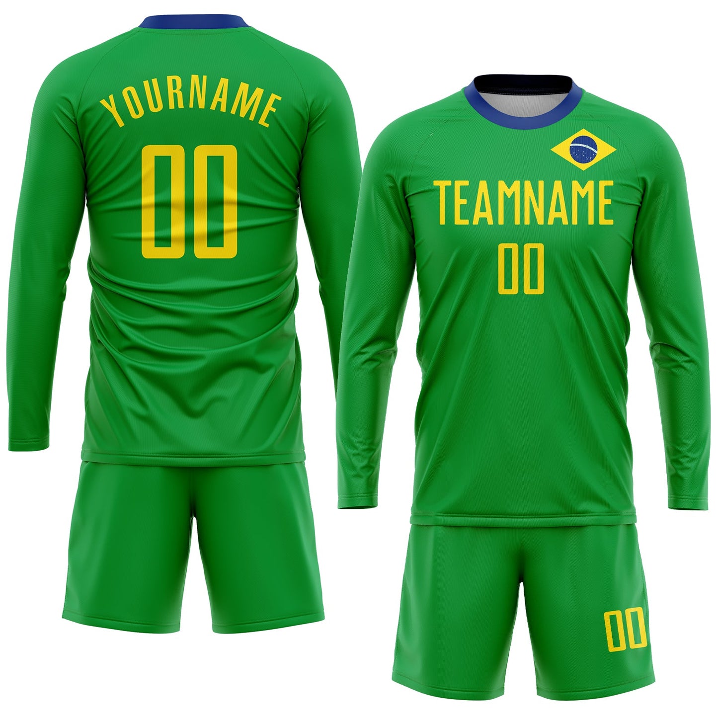 Custom Neon Green Gold-Royal Sublimation Brazilian Flag Soccer Uniform Jersey - Sky-Custom