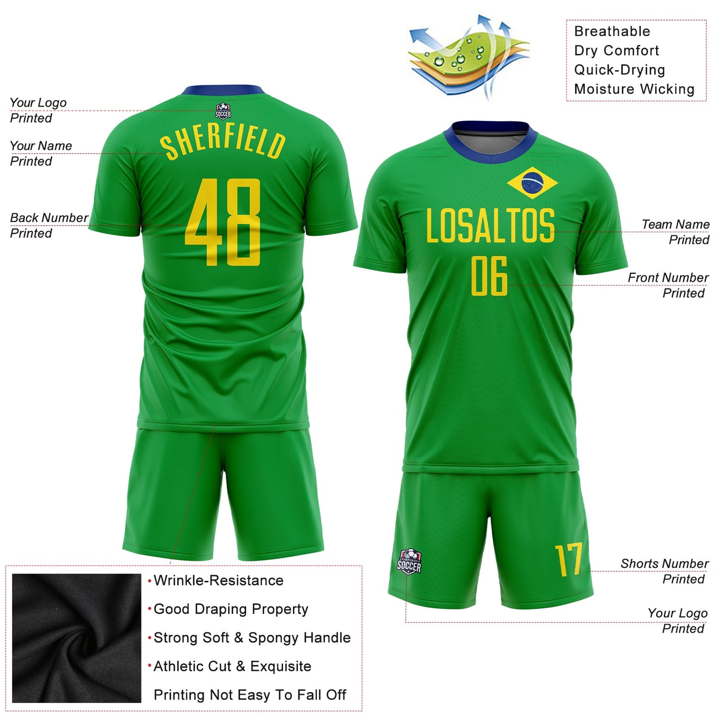 Custom Neon Green Gold-Royal Sublimation Brazilian Flag Soccer Uniform Jersey - Sky-Custom