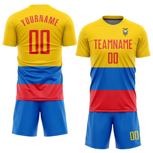 Custom Gold Red-Royal Sublimation Ecuador Flag Soccer Uniform Jersey - Sky-Custom