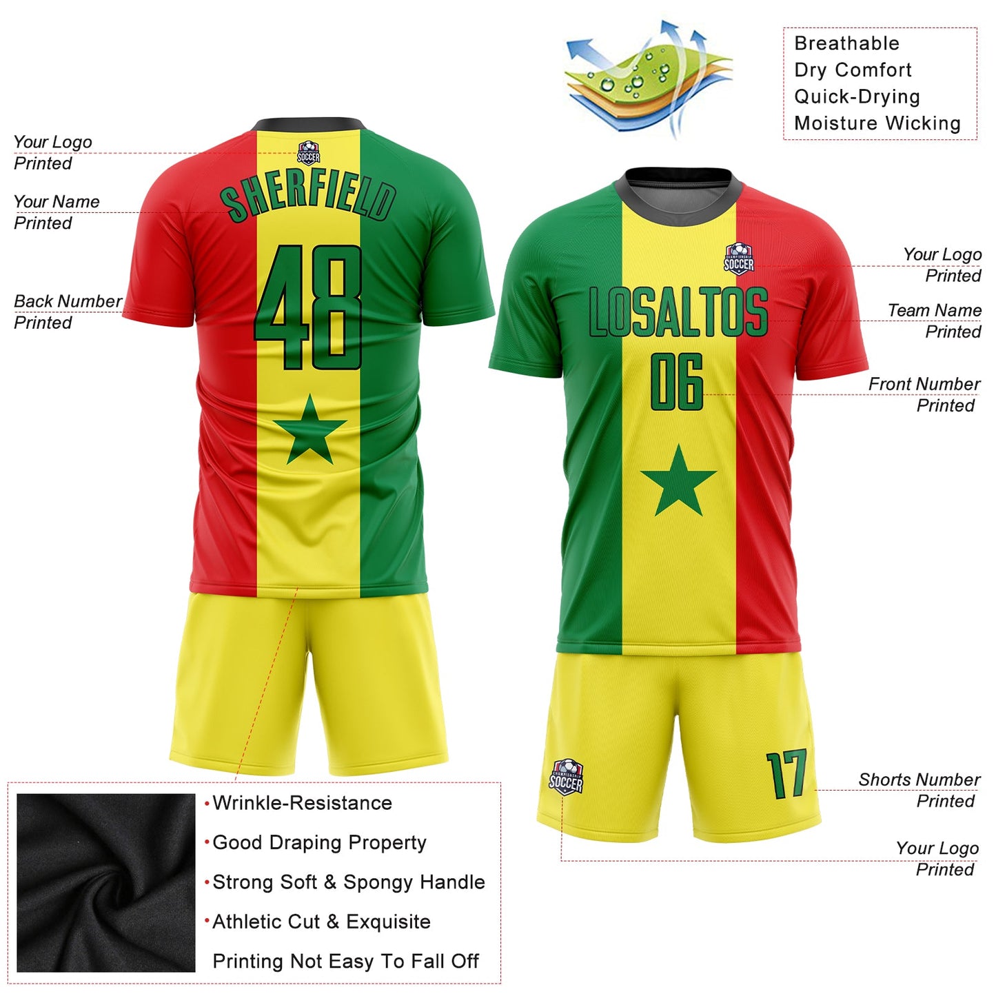 Custom Gold Kelly Green Red-Black Sublimation Senegalese Flag Soccer Uniform Jersey - Sky-Custom