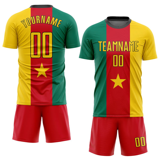 Custom Kelly Green Gold Red-Black Sublimation Cameroonian Flag Soccer Uniform Jersey - Sky-Custom