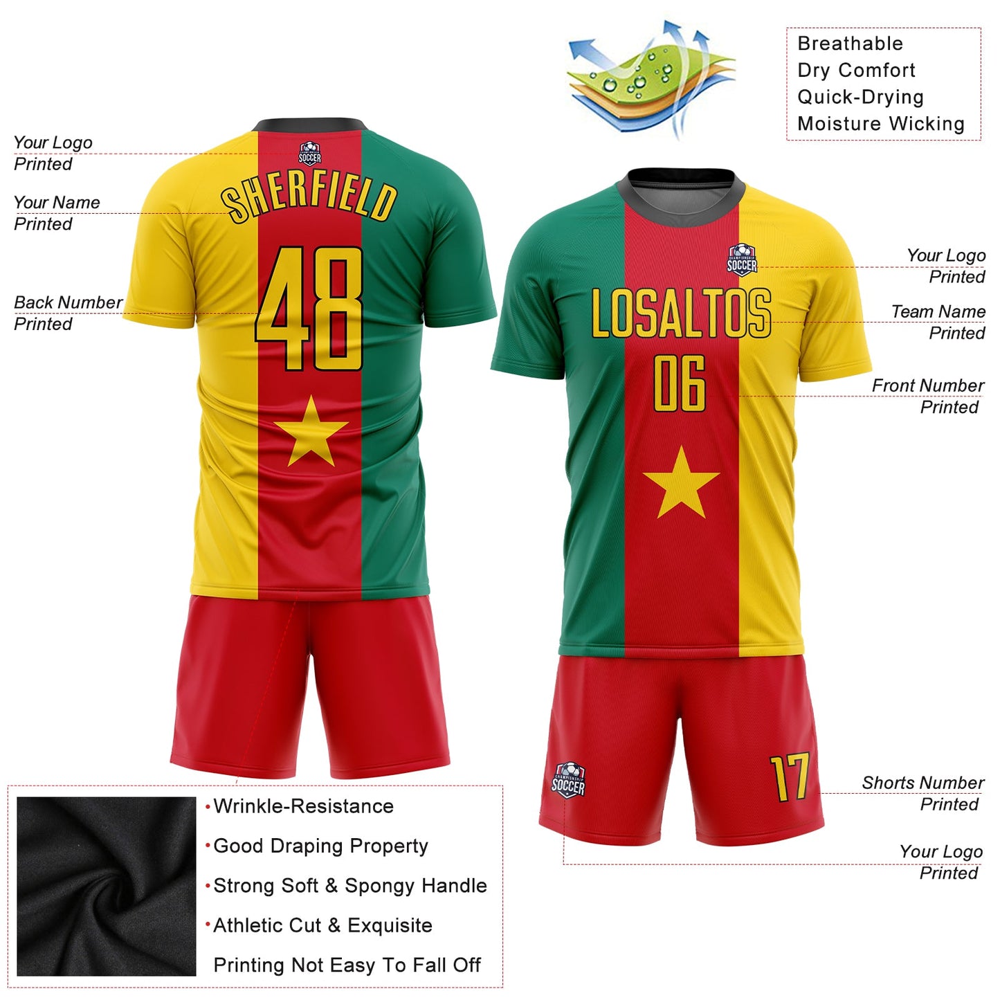 Custom Kelly Green Gold Red-Black Sublimation Cameroonian Flag Soccer Uniform Jersey - Sky-Custom