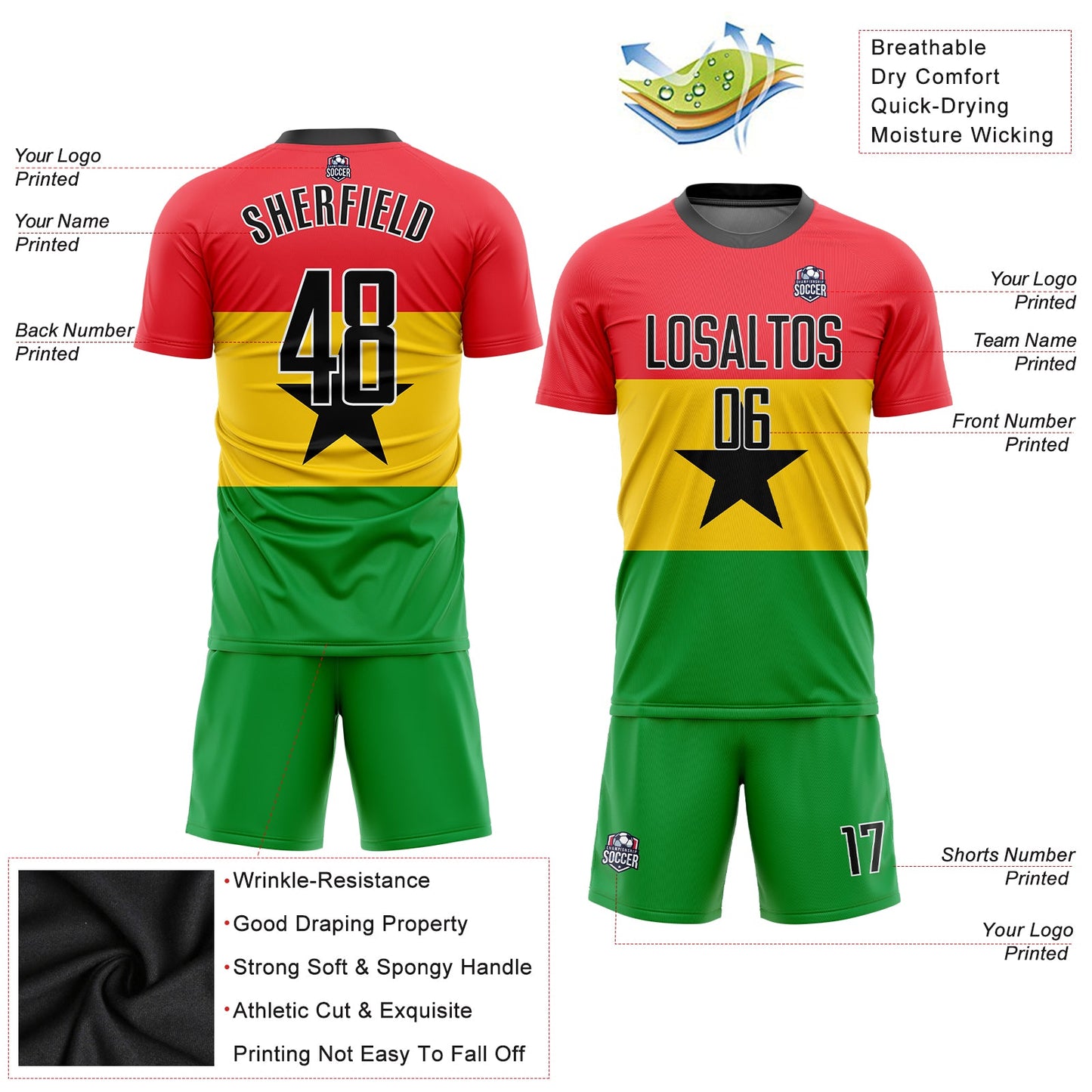 Custom Red Black Gold-Kelly Green Sublimation Ghanaian Flag Soccer Uniform Jersey - Sky-Custom