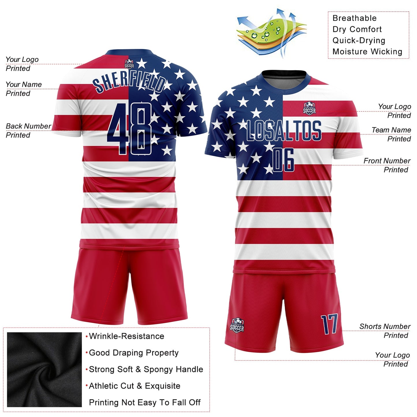 Custom Red Royal-White Sublimation American Flag Soccer Uniform Jersey - Sky-Custom