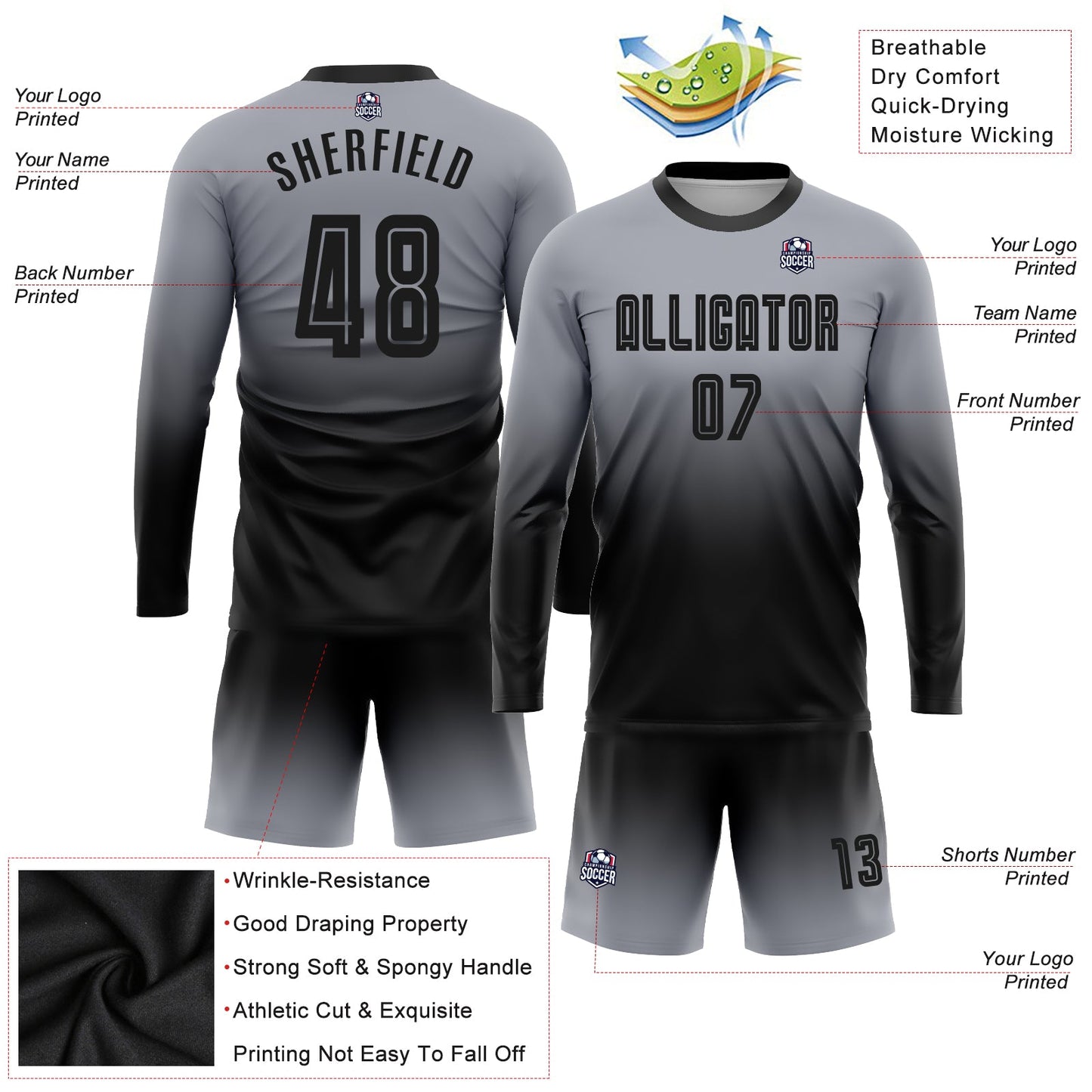 Custom Gray Black Sublimation Long Sleeve Fade Fashion Soccer Uniform Jersey - Sky-Custom