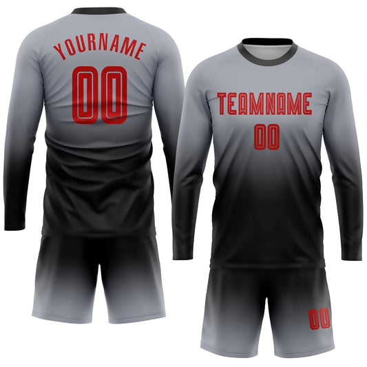 Custom Gray Red-Black Sublimation Long Sleeve Fade Fashion Soccer Uniform Jersey - Sky-Custom