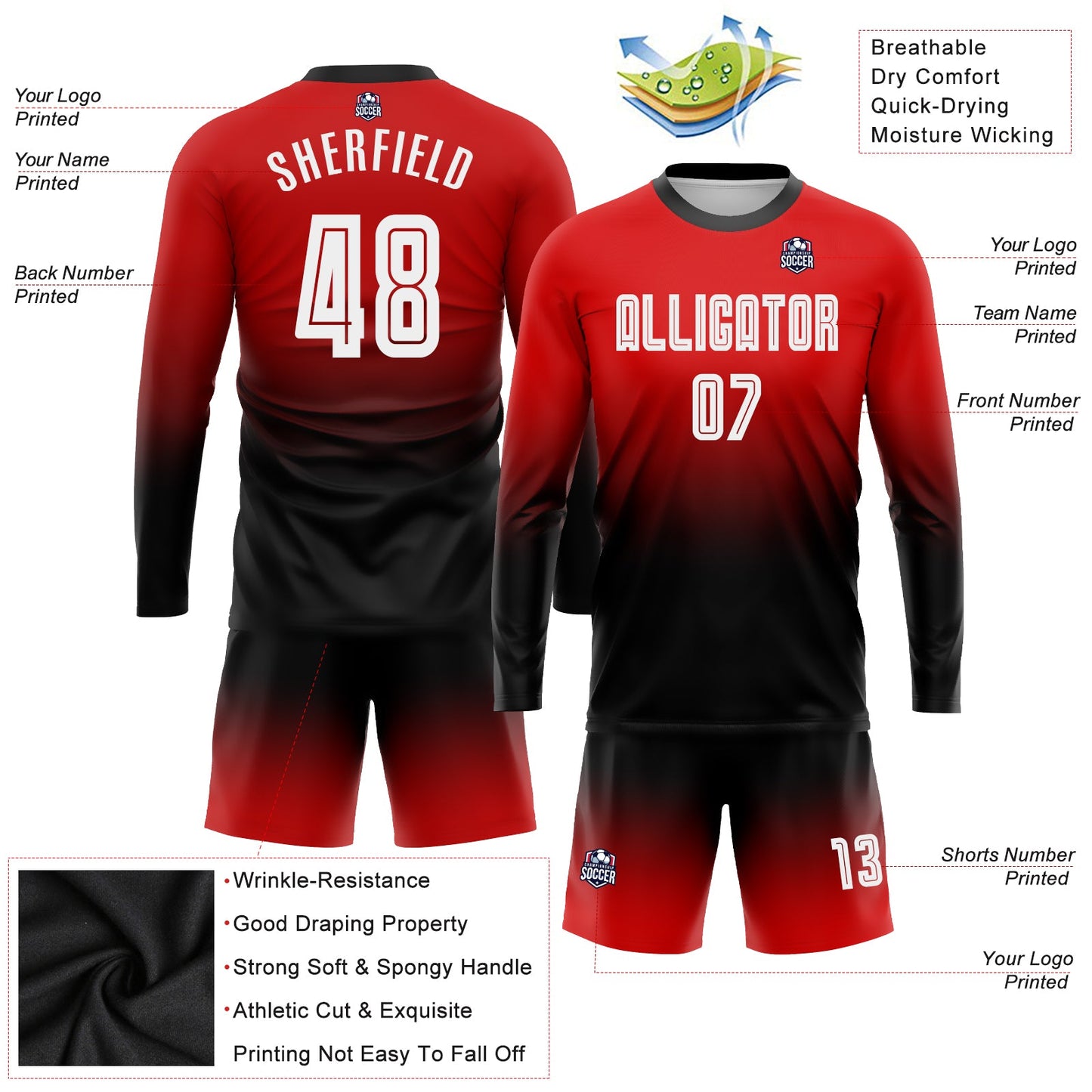 Custom Red White-Black Sublimation Long Sleeve Fade Fashion Soccer Uniform Jersey - Sky-Custom