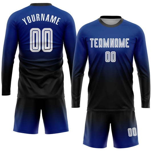 Custom Royal White-Black Sublimation Long Sleeve Fade Fashion Soccer Uniform Jersey - Sky-Custom