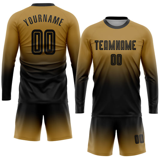 Custom Old Gold Black Sublimation Long Sleeve Fade Fashion Soccer Uniform Jersey - Sky-Custom