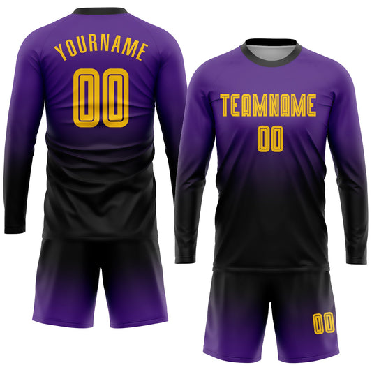 Custom Purple Gold-Black Sublimation Long Sleeve Fade Fashion Soccer Uniform Jersey - Sky-Custom