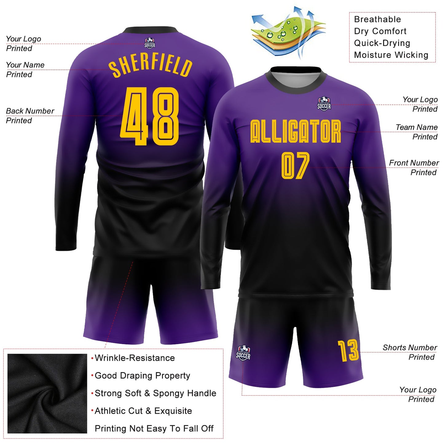 Custom Purple Gold-Black Sublimation Long Sleeve Fade Fashion Soccer Uniform Jersey - Sky-Custom