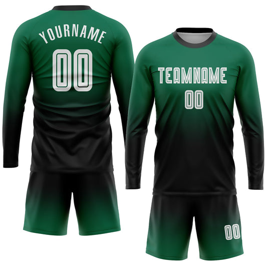 Custom Kelly Green White-Black Sublimation Long Sleeve Fade Fashion Soccer Uniform Jersey - Sky-Custom