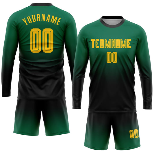 Custom Kelly Green Gold-Black Sublimation Long Sleeve Fade Fashion Soccer Uniform Jersey - Sky-Custom