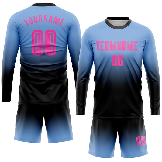 Custom Light Blue Pink-Black Sublimation Long Sleeve Fade Fashion Soccer Uniform Jersey - Sky-Custom