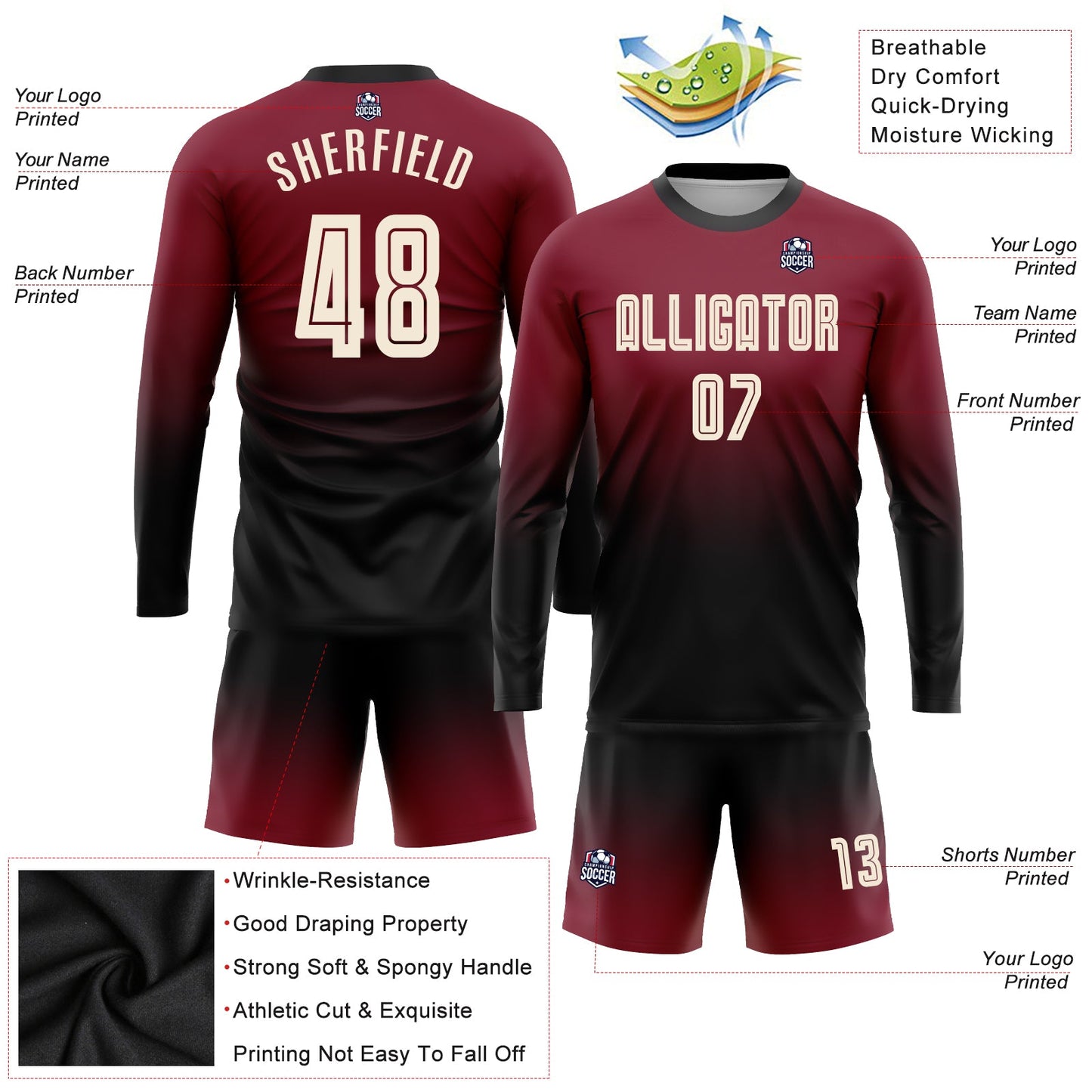Custom Crimson Cream-Black Sublimation Long Sleeve Fade Fashion Soccer Uniform Jersey - Sky-Custom