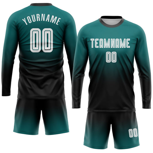 Custom Teal White-Black Sublimation Long Sleeve Fade Fashion Soccer Uniform Jersey - Sky-Custom